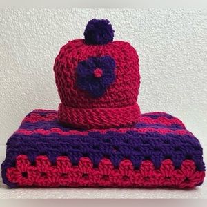 Handmade Baby Blanket and Hat Red & Purple Square Lovey Crib Stroller Lap Shower